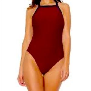 Bleu by rod Beattie red ribbed high neck size 12